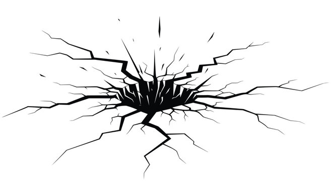 Dramatic illustration of a deep hole or crater in the ground with jagged cracks spreading out in all directions.