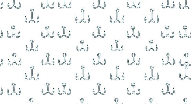 Seamless pattern of blue fish hook icons on a white background representing fishing equipment and outdoor activities.