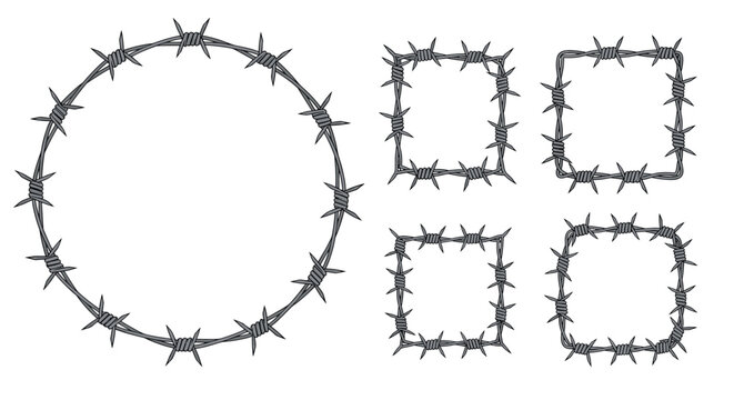 Set of decorative borders made from realistic barbed wire in various shapes including a circle and several rectangles.