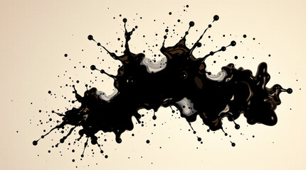 Fototapeta premium Abstract black ink splatter art on tan background with dynamic splash patterns, streams,