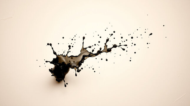 Dynamic splash of black liquid forming irregular shapes and patterns in mid air against a light beige background with in