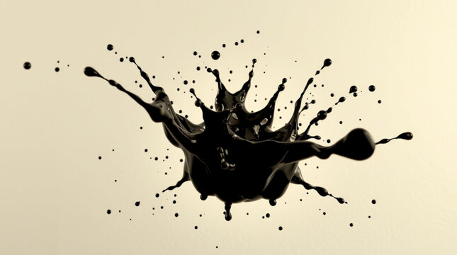 Artistic dark liquid splash mid motion with dynamic droplet formations spread in various directions against a light back