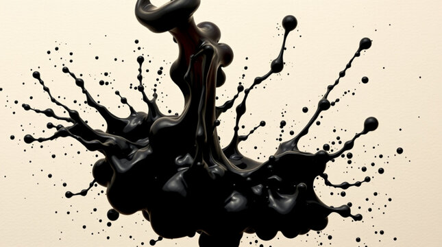 Dynamic splash of pure black liquid striking a light beige surface,