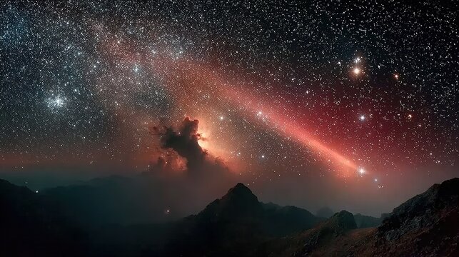 Horsehead nebula with astronomer silhouette standing in vast cosmos. Bright red glow on one side of nebula against dark sky with stars. Giant cloud shaped like dragon or with white specks as stars.