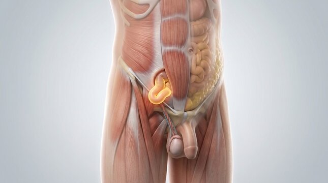 Close up anatomical visualizations of the highlighted inguinal hernia