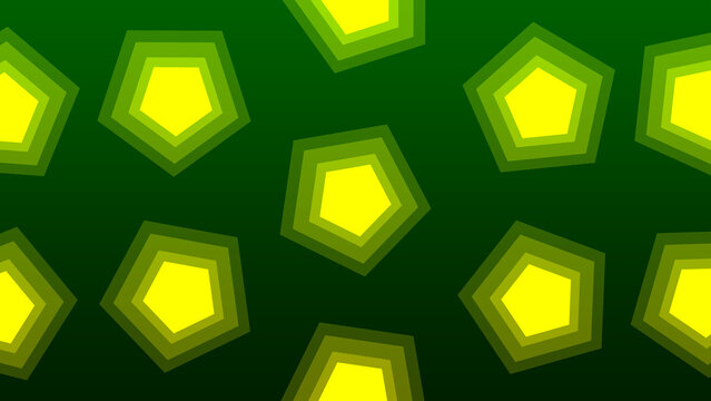 yellow and green pentagon shapes with nested outlines. Vibrant geometric design on a dark green gradient background.
