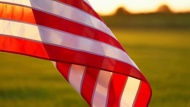 American flag waving gently in the breeze during sunset. Symbol of patriotism and national pride in a serene outdoor setting