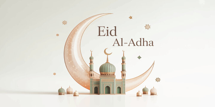 Elegant Eid Al Adha greeting with crescent moon mosque illustration and soft golden accents on a light background