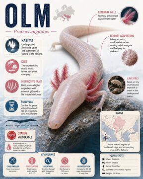 Information about olm living in dark caves and underground waters in the Balkans, detailing habitat, diet, adaptations, and survival status