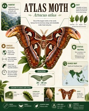 Information about Atlas moth featuring habitat, diet, lifecycle, and unique characteristics from South and Southeast Asia