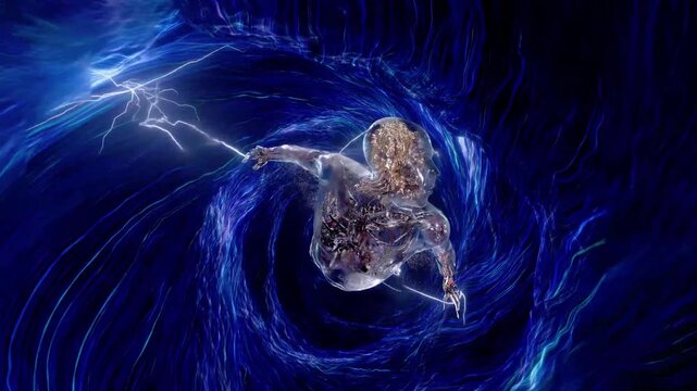 Abstract 3d animation, 3d video, loop, VJ loop 3d, DJ - A visually stunning, energetic, and dynamic abstract 3d animation featuring a cosmic vortex with lightning, perfect for VJ loops and DJ sets