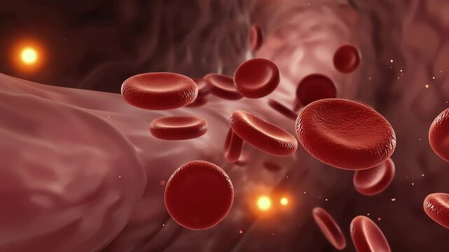 Red blood cells flowing naturally through artery,
subtle glowing particles representing oxygen movement
