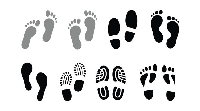 Diverse footprints vector illustration featuring multiple footstep patterns, clean design set for walking, running, barefoot, sandals, and flip flop impressions