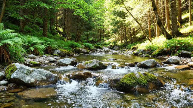 Sunlit forest stream over mossy rocks, nature scene, Generative AI