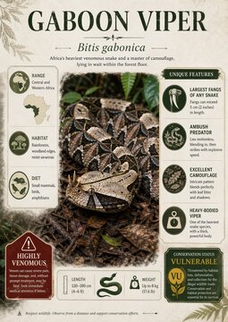 Gaboon viper resting on forest floor in Central Africa during daytime