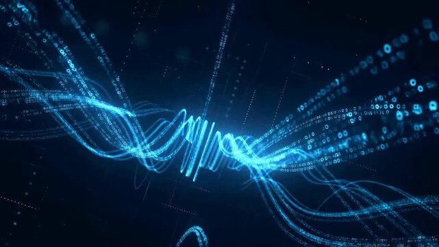 Abstract digital wave patterns with glowing blue lines and binary code. Represents data flow, technology, and digital transformation