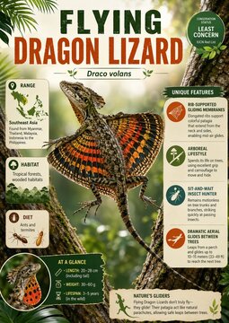 Flying dragon lizard Draco volans found in Southeast Asia showcasing its unique gliding abilities in a tropical forest habitat