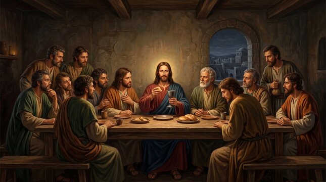 Man Jesus Christ holding chalice with disciples at table. Biblical last supper scene. Oil painting illustration