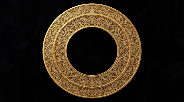 Golden ornate Islamic calligraphy ring with intricate arabesque patterns on black background