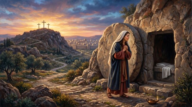 Woman standing near empty tomb of Christ on Resurrection morning. 