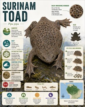 Surinam toad Pipa pipa habitat, diet, hunting style, reproduction, and range in detail with illustrations and information