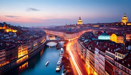 Fototapeta premium Aerial view of a cityscape at dusk with a river, bridge, and buildings illuminated