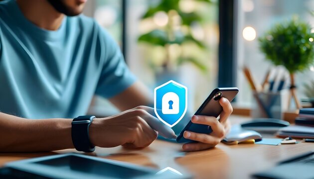 Man using smartphone with security lock icon on screen in office