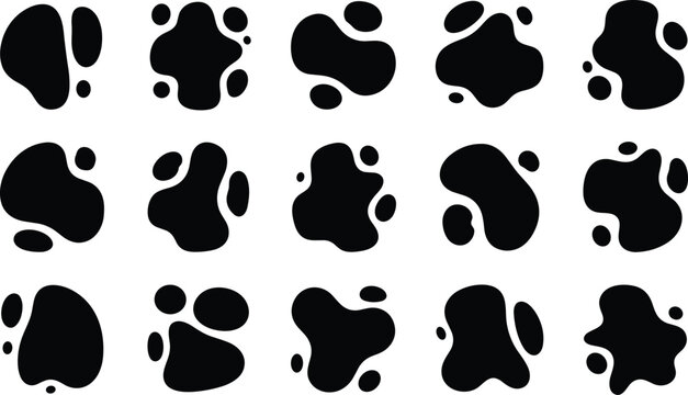 Abstract organic black ink blot shapes arranged in symmetrical grid pattern on clean white background for design use
