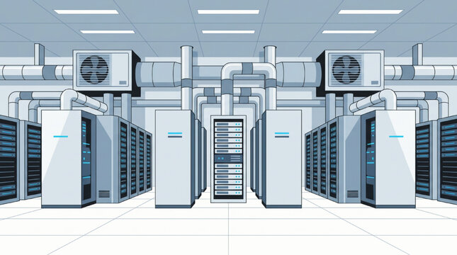 Data center server room with cooling systems