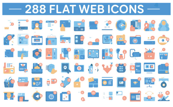 Collection of 288 flat web icons for digital interface, technology, and communication.