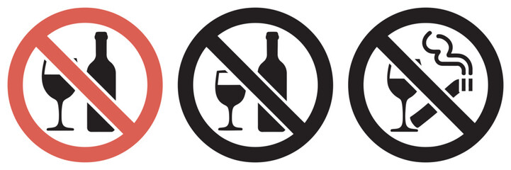 No alcohol and no smoking prohibition sign icon set wine glass and cigarette forbidden symbols safety health warning icons public area restriction vector design ©   