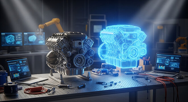 Automotive V8 Engine displayed in a workshop with holographic projection technology