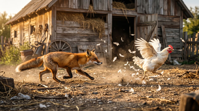 Red Fox Chasing White Chicken in Farmyard, Vulpes vulpes and Gallus gallus domesticus Predator Prey Scene
