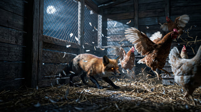 Red Fox Inside Chicken Coop at Night Stalking Panicking Hens, Vulpes vulpes Fox in the Henhouse Concept