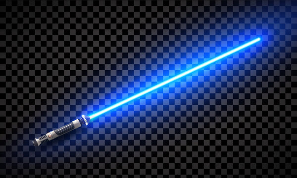 New realistic design blue neon sword isolated on dark transparent background. Vector illustration