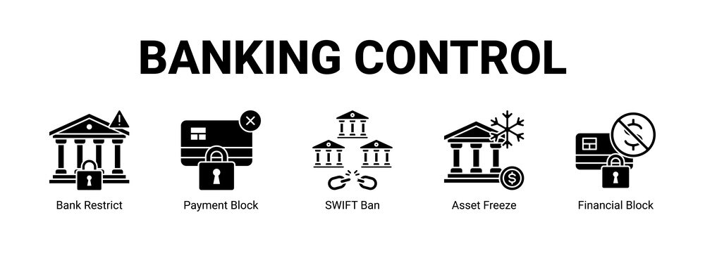Banking Control web banner icon concept, with Bank Restrict, Payment Block, SWIFT Ban, Asset Freeze.