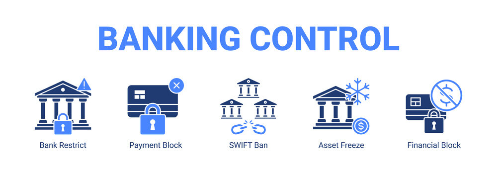 Banking Control web banner icon concept, with Bank Restrict, Payment Block, SWIFT Ban, Asset Freeze.