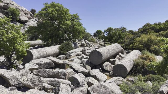 Aerial Drone View of Ancient Granite Quarry with Unfinished Stone Columns in Ezine Canakkale Turkey