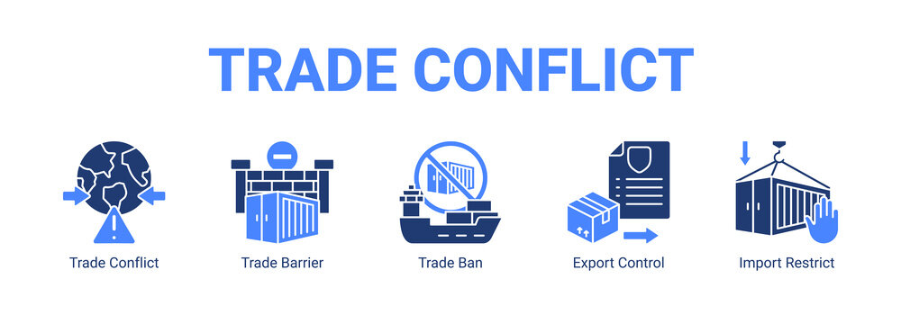Trade Conflict web banner icon concept, with Trade Conflict, Trade Barrier, Trade Ban, Export Control.