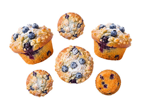 Overhead photograph of assorted blueberry muffins, some with streusel topping and powdered sugar on a transparent.