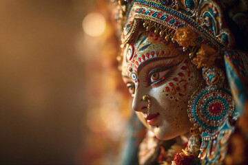 Fototapeta premium Close-up face of the Hindu goddess Durga idol on blurred background. Navratri, Durga Puja celebration concept. Sculpture art for banner with copy space