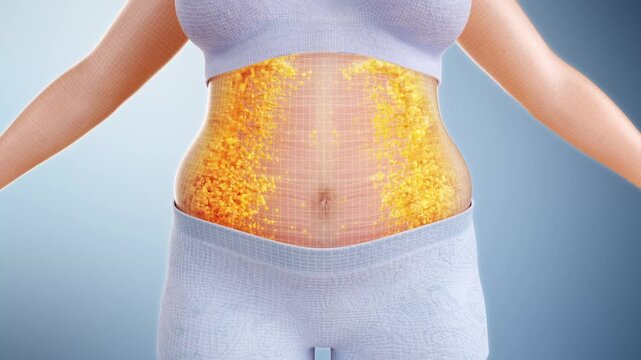 Woman burns belly fat to lose weight. Fat cells burning during fitness and body shaping helps obese people become slimmer. Body management solution shown in 3D animation.
