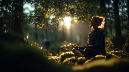 Fototapeta premium Serene woman meditating in sunlit forest, peaceful mindfulness practice in nature with soft golden light and tranquil atmosphere