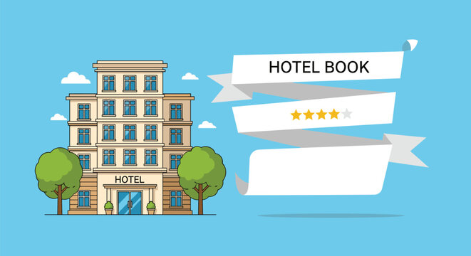 Modern hotel building illustration with green trees and a decorative ribbon banner showing a four-star rating for booking concepts.