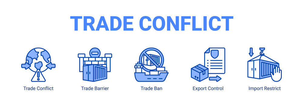 Trade Conflict web banner icon concept, with Trade Conflict, Trade Barrier, Trade Ban, Export Control.