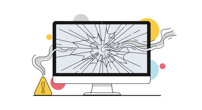Cracked computer monitor screen with smoke and a warning symbol indicating hardware failure or technical system error in the office.