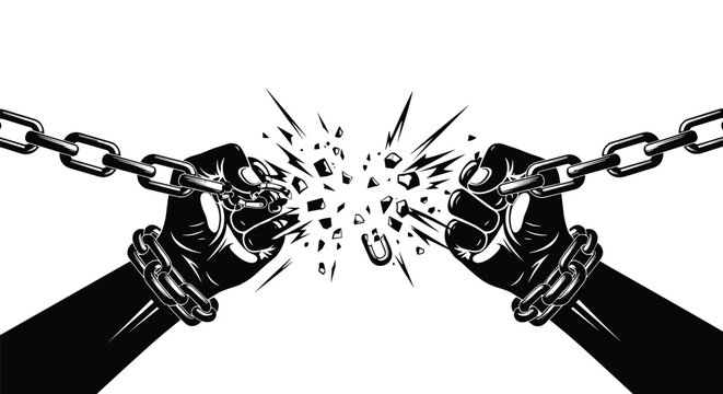 Black hands breaking heavy metal chains representing freedom liberation and victory over struggle in a powerful graphic art style.