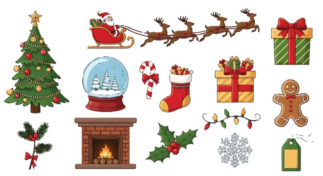 Christmas icons and symbols for holiday decoration and celebration