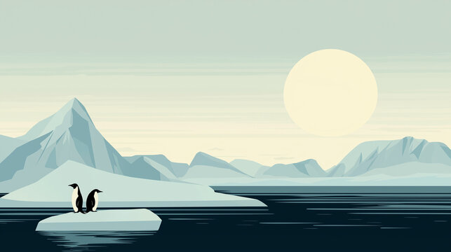 Retro Penguin Silhouettes on Iceberg with Snow Mountains and Cream Sun, 1950s Vintage Illustration on Ice Blue Background
