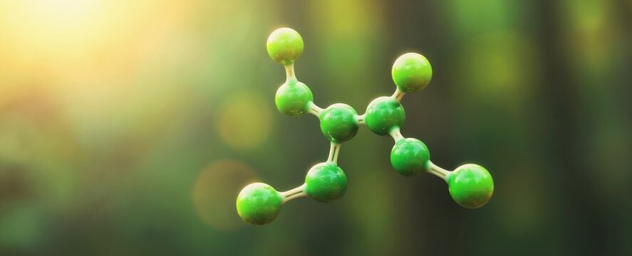 Green molecular structure floats in natural sunlight, abstract science concept. This 3D illustration represents organic molecules and chemistry, outdoors with blurred green background.
